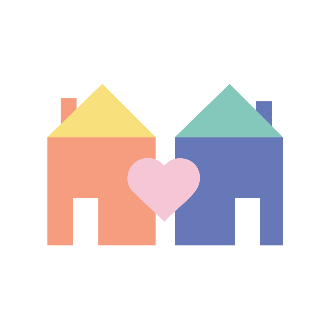 My Two Homes logomark featuring two houses coming together with a heart in between.