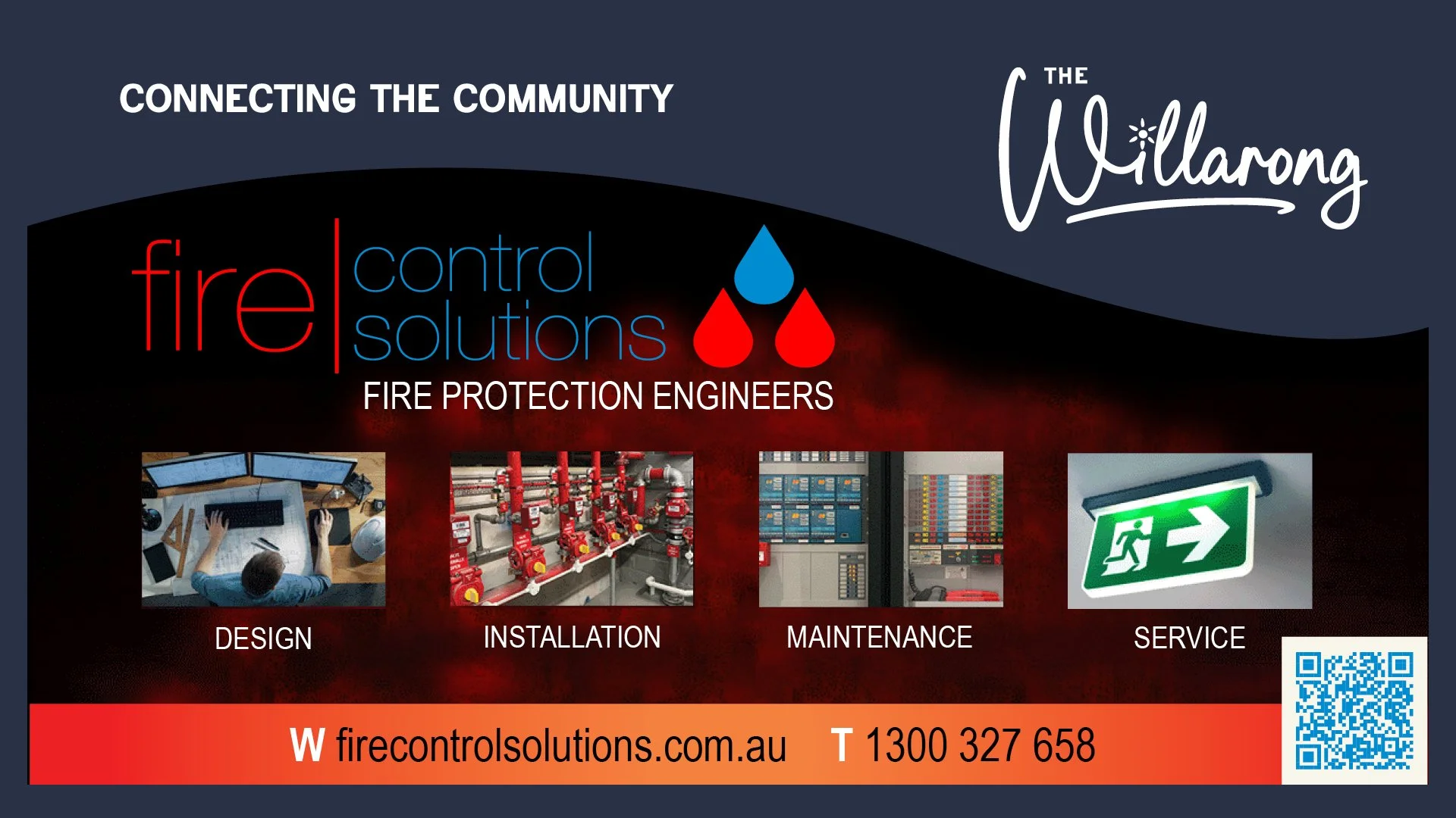 Advertisement for fire control solutions by Willarong, emphasizing connecting the community. Features images of a person working on computers, fire sprinkler installation, control panels, and emergency exit sign. Includes website and contact information.