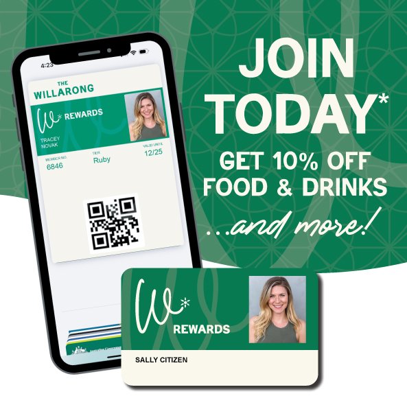 Advertisement for The Willarong community rewards program, showcasing a digital and physical rewards card, and a smartphone displaying the rewards app with a QR code. The text promotes joining today to get 10% off food and drinks.
