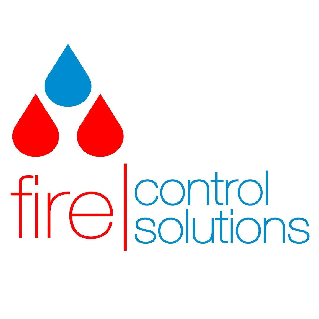 Logo with three droplets (blue at the top, two red at the bottom) and the text 'fire control solutions' with 'fire' in red and 'control solutions' in blue.