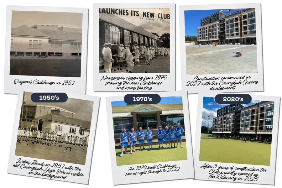 A collage of six photographs showing the evolution of a clubhouse and surrounding development from 1951 to 2025. The images include the original clubhouse, newspaper clipping of its opening in 1970, construction of a new development in 2022, a 1951 ladies' bowls team, a 1970s clubhouse with a soccer team, and a 2025 completed building with a golf course.