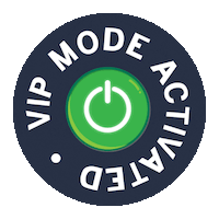 Circular badge with the words 'VIP Mode Activated' around a green power button icon in the center.