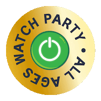 Watch Party All Age logo with a gold circular border, blue text, and a green power button icon in the center