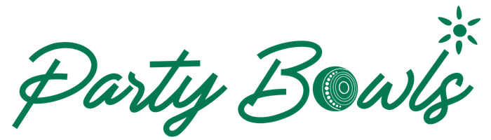 A logo with the words 'Party Bowls' written in green cursive font, featuring a small flower-like design at the end of the 's' in 'Bowls'.