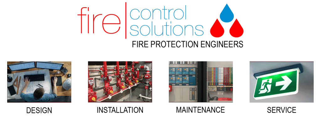 Images of an emergency evacuation plan, fire alarm system, control room, and emergency exit sign.
