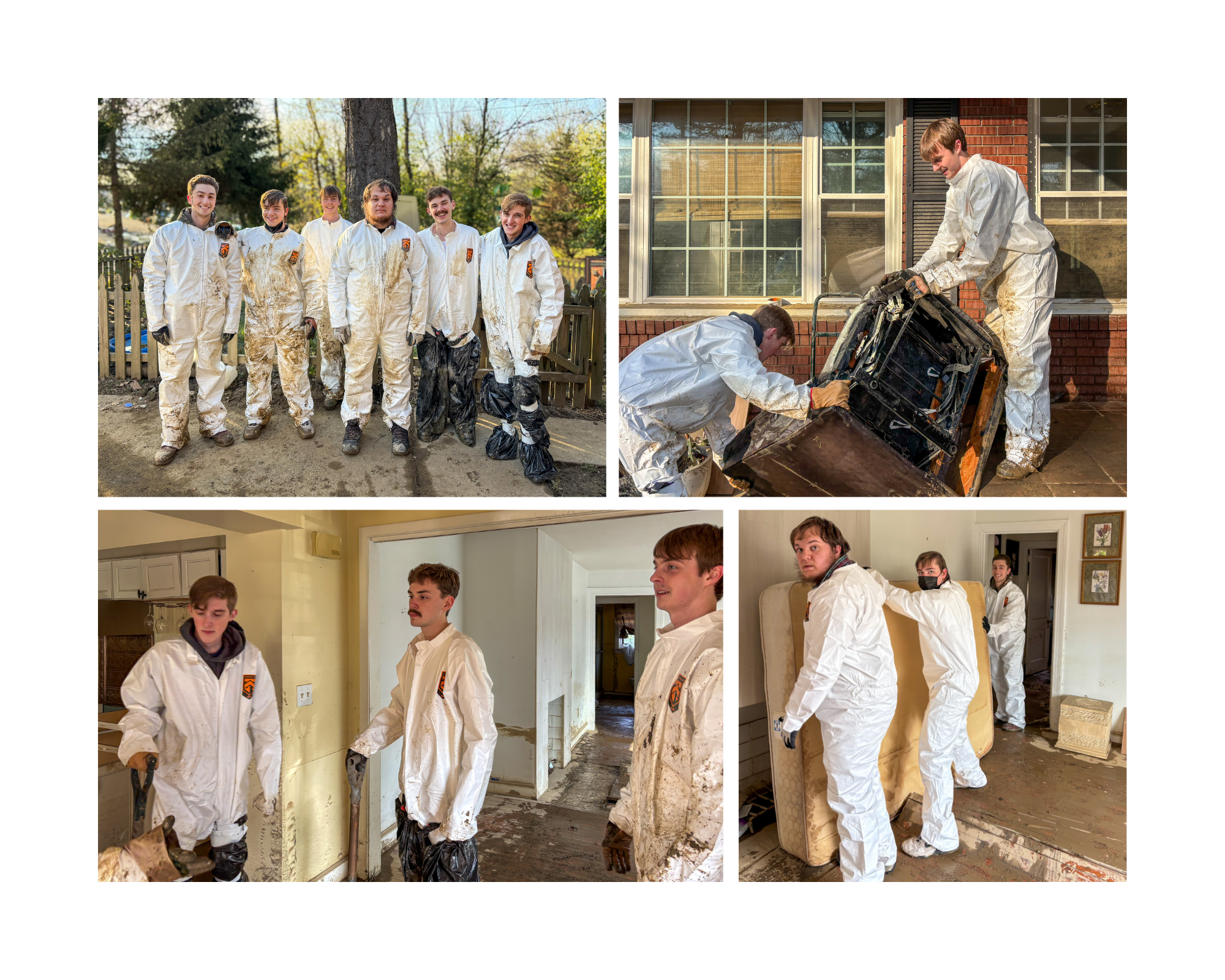 Five-photo collage of volunteers in white protective coveralls doing flood recovery in Frankfort, Kentucky, including a muddy group photo, two lifting a ruined appliance outdoors, crews shoveling interior muck, and three carrying a  mattress.