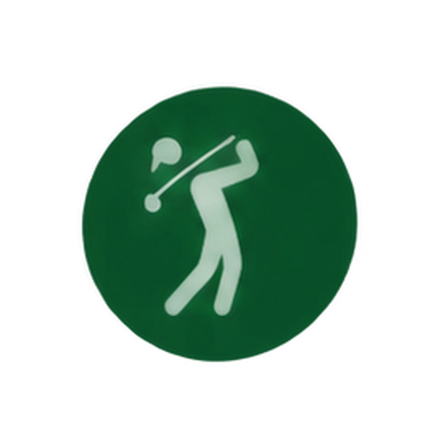 Green circular sign with a white silhouette of a person swinging a golf club.