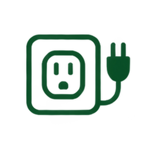A graphic illustration of an electrical outlet with a plug and a hand, symbolizing charging or powering devices.