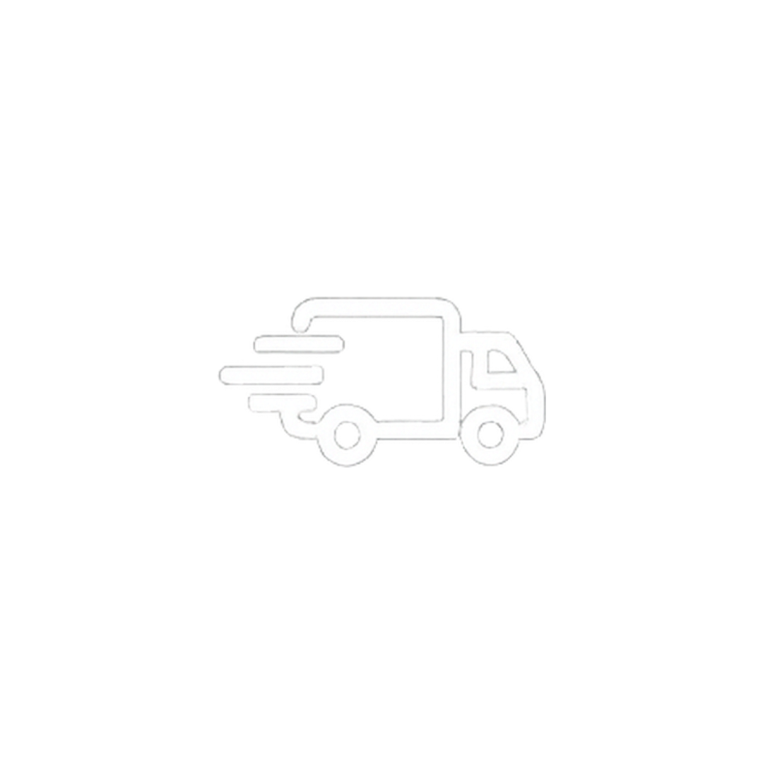 White line drawing of a delivery truck with motion lines on a black background.