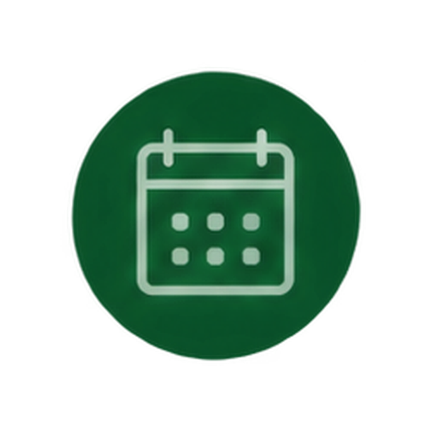 Green circular icon with a white calendar symbol featuring six dots inside.