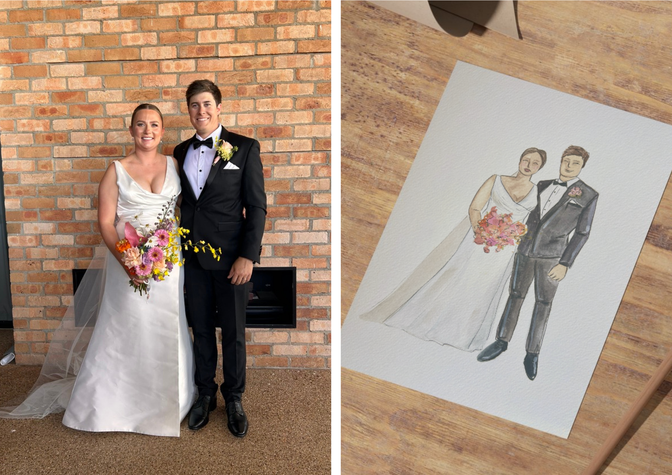 A wedding photo of a bride and groom standing against a brick wall, with the bride holding a colorful bouquet and the groom in a classic black tuxedo with a bow tie. Next to the photo, a watercolor painting of the same couple in wedding attire is lai