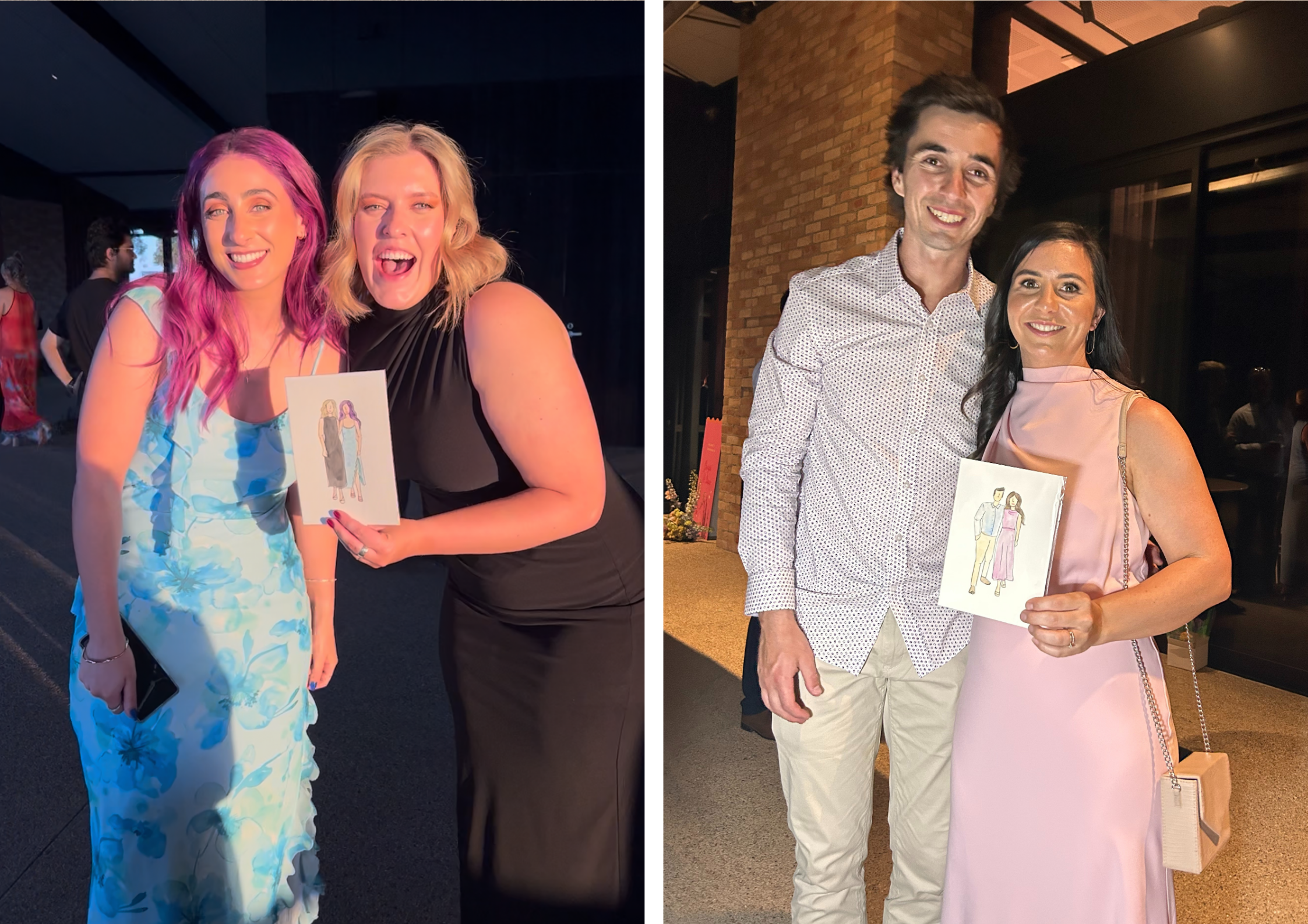 Two women and a man standing indoors, smiling, holding a drawing of two women in dresses. The women on the left have colorful hair and dresses, and the woman on the right has dark hair and wears a pink dress. The man on the right wears a white patter