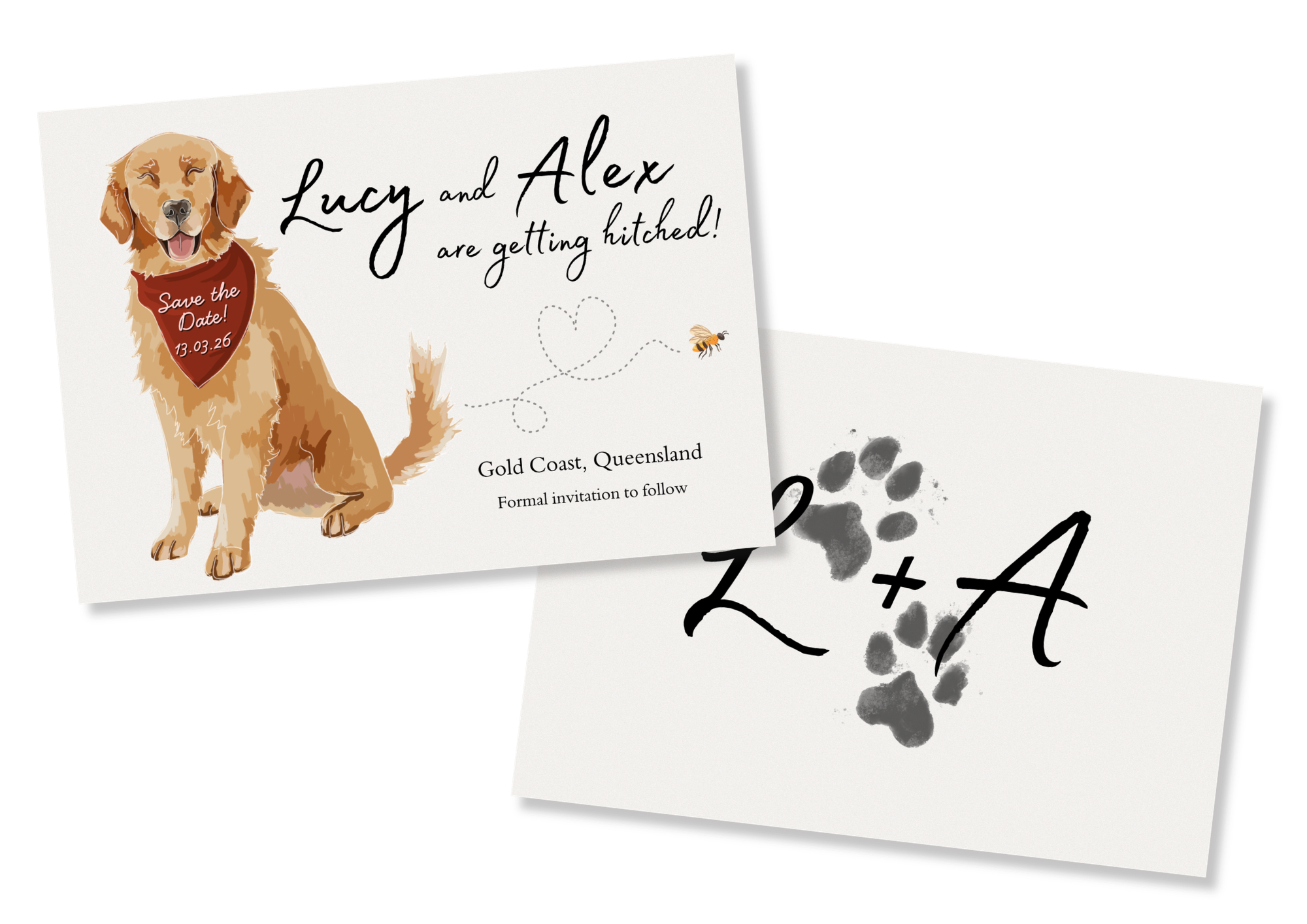A wedding invitation featuring an illustration of a cheerful golden retriever dog wearing a red bandana with the text "Save the Date! 13.03.26." The invitation mentions Lucy and Alex getting married, located on the Gold Coast, Queensland.