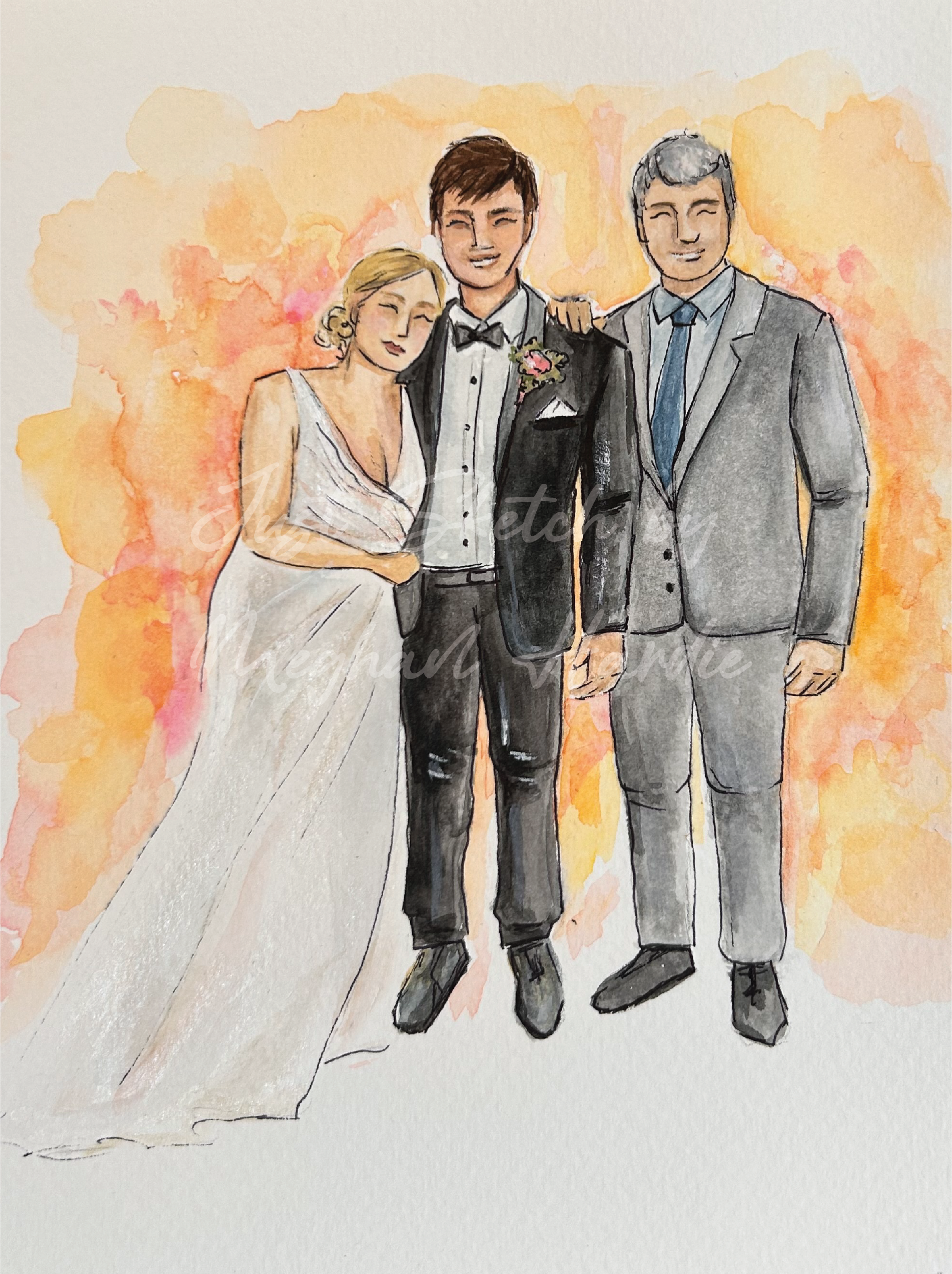 A watercolor painting of three people at a wedding: a bride in a white dress, a groom in a tuxedo with a boutonniere, and a man in a gray suit, standing together with their arms around each other, against a warm, abstract background.