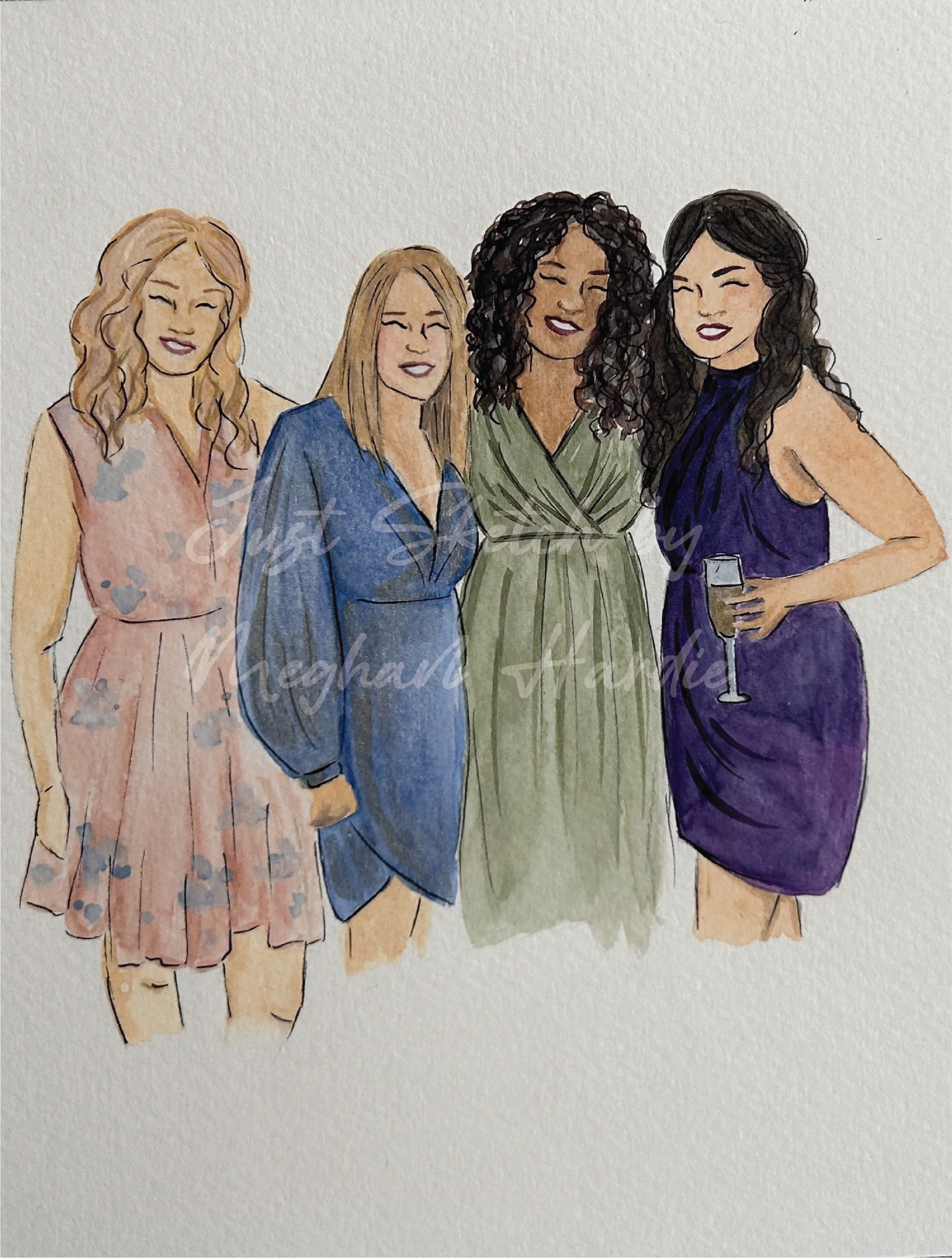 Hand-drawn illustration of four women in elegant dresses smiling, with one holding a glass of wine.