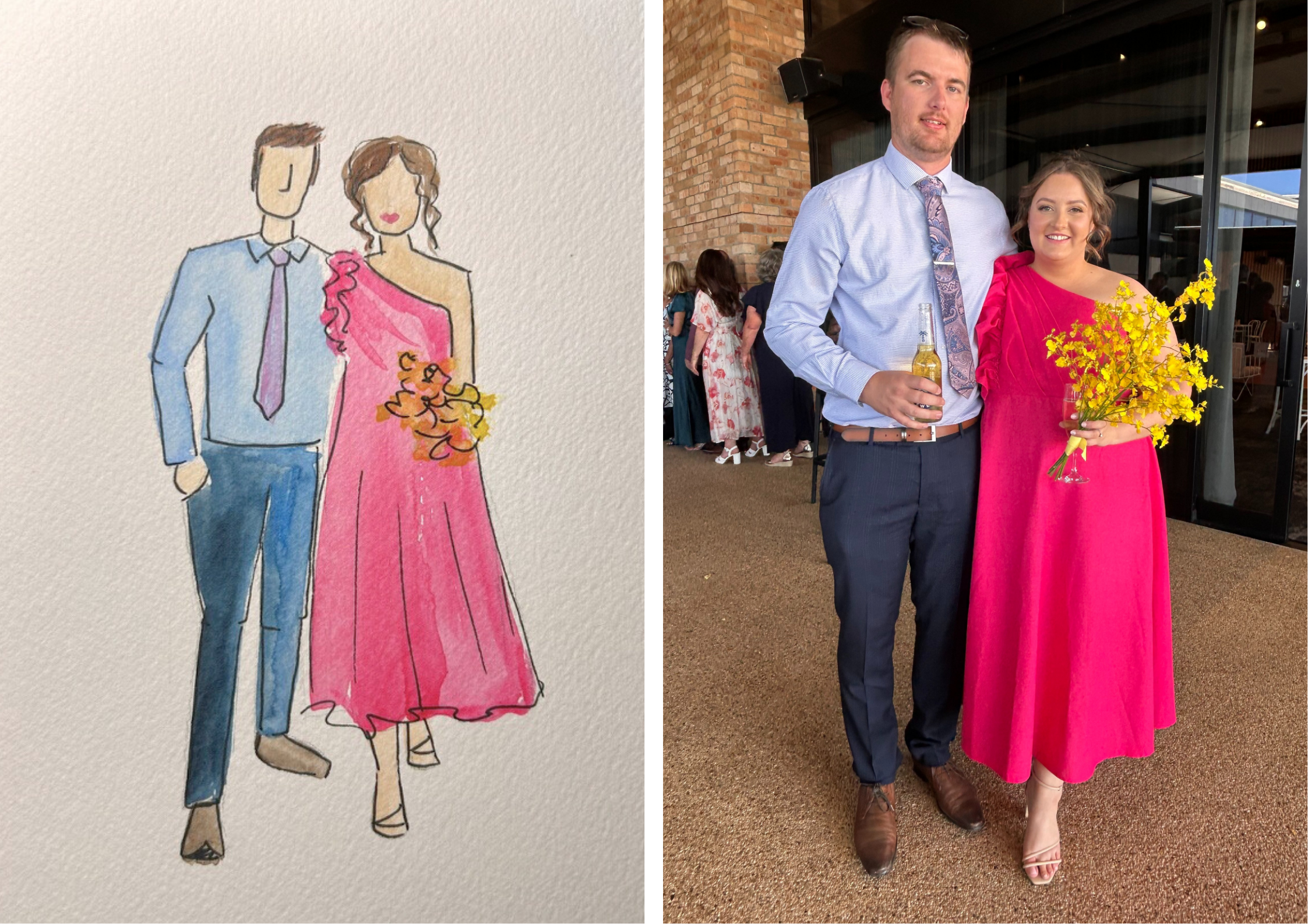 A digital watercolor illustration of a man and woman dressed for a formal event. The man wears a light blue shirt with a tie and dark trousers, and the woman wears a bright pink dress with an asymmetrical neckline, holding a bouquet of yellow flowers