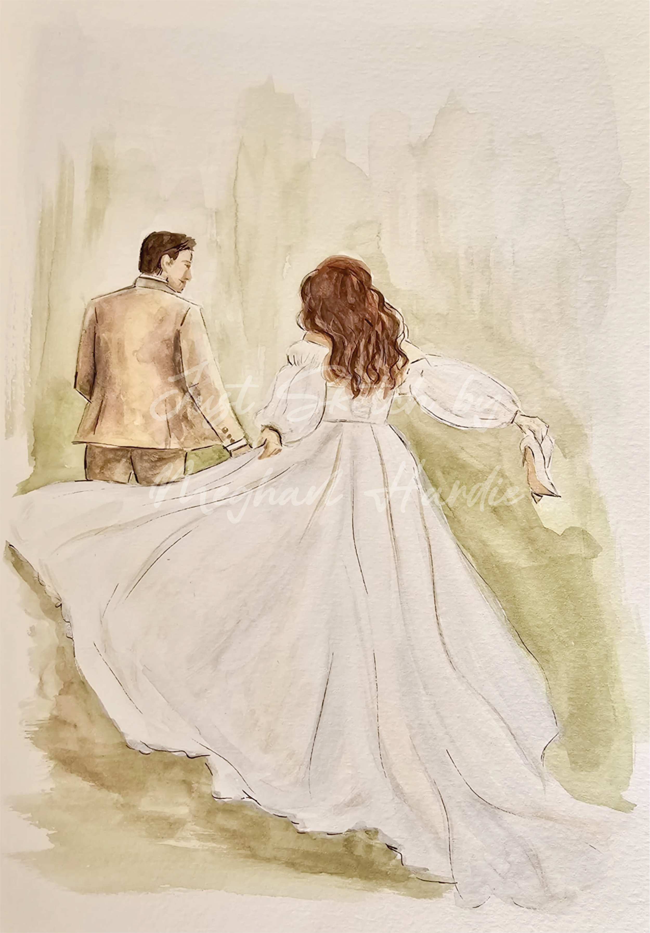 A watercolor painting of a man and woman holding hands, walking away from the viewer. The woman is wearing a large, flowing white gown with puffed sleeves, and the man is dressed in a brown suit. They are holding hands and the background is a soft, a