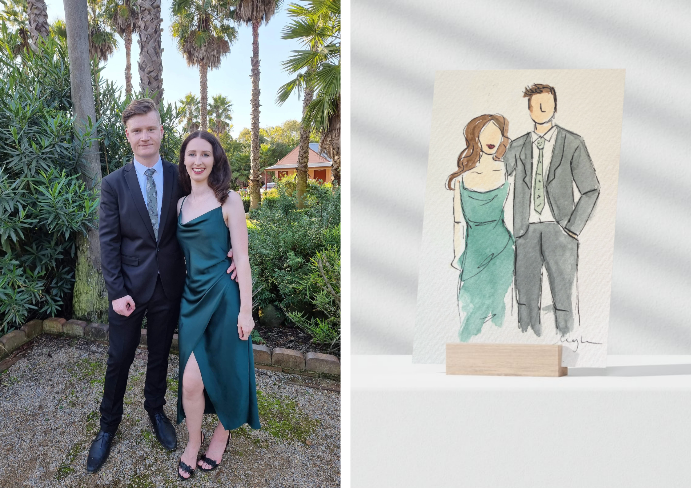 A stylishly dressed couple stands outdoors on a gravel path, with lush greenery and tall palm trees in the background. The woman is wearing an elegant green satin dress with a slit, and the man is in a dark suit with a patterned tie. Beside the photo