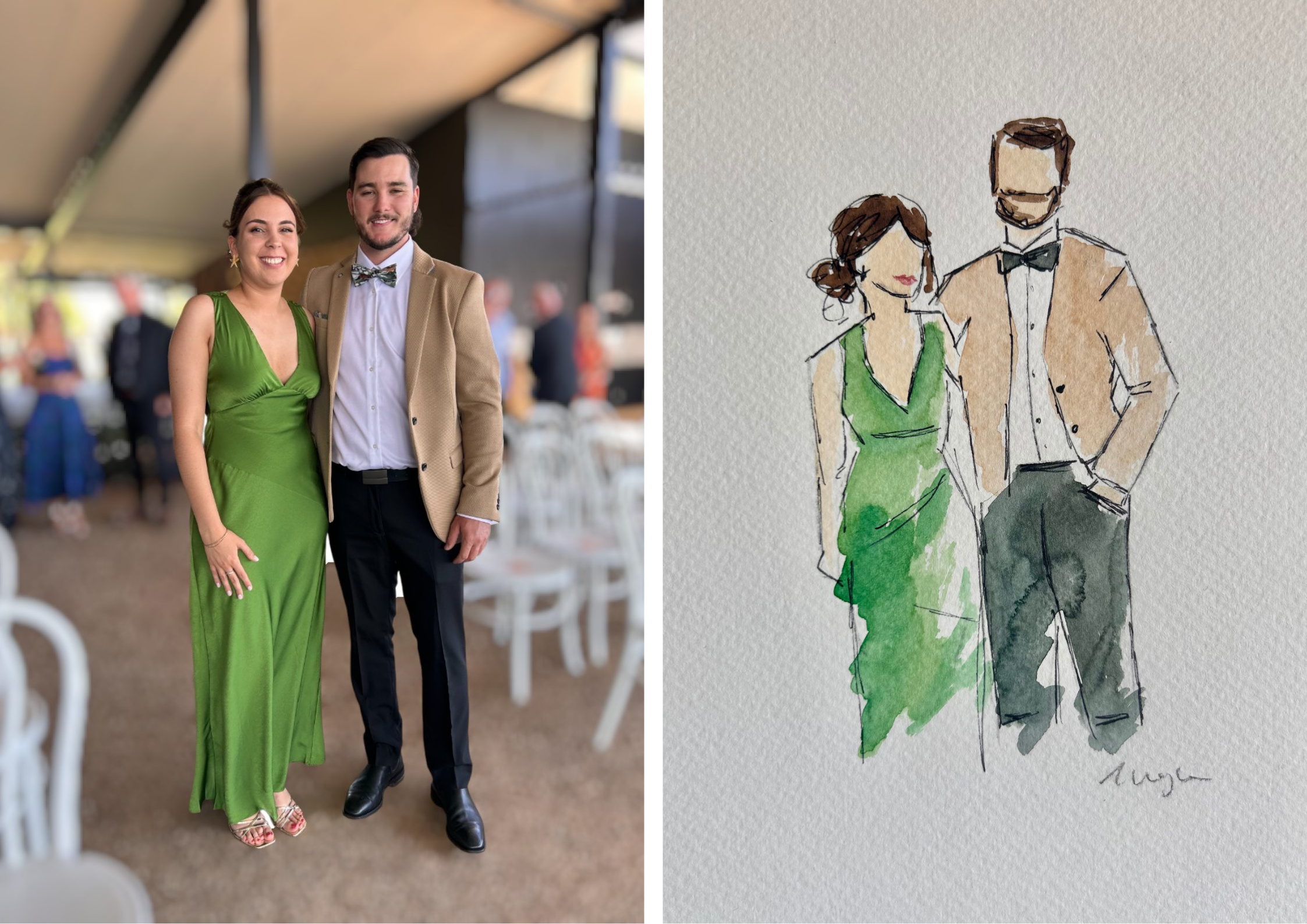 A woman in a green dress and a man in a beige jacket and black pants stand together at an indoor event, smiling at the camera. Next to the photo is a watercolor sketch of the same couple, with the woman in a green dress and the man in a beige jacket,