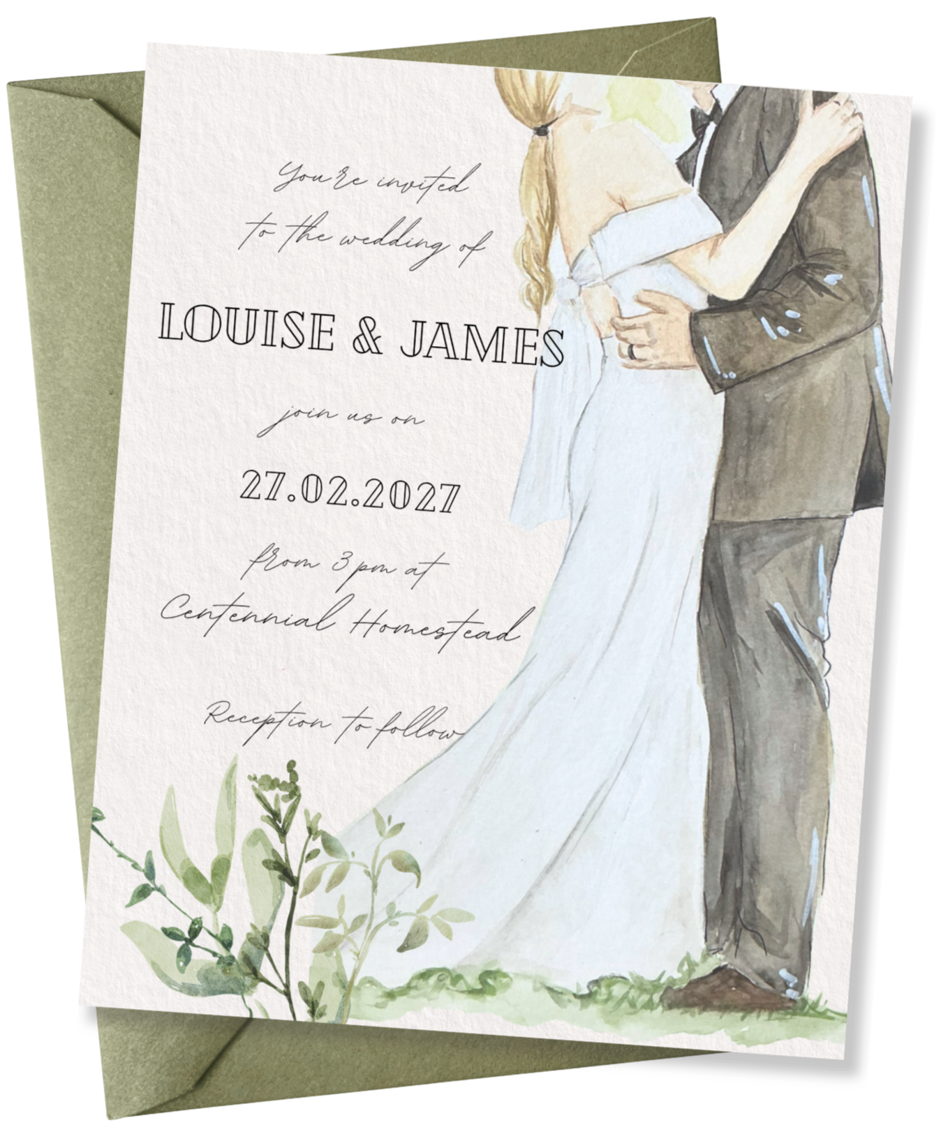 Wedding invitation with watercolor illustration of a bride and groom embracing, with green foliage at the bottom, and text inviting to a wedding on February 27, 2027, at Centennial Homestead.