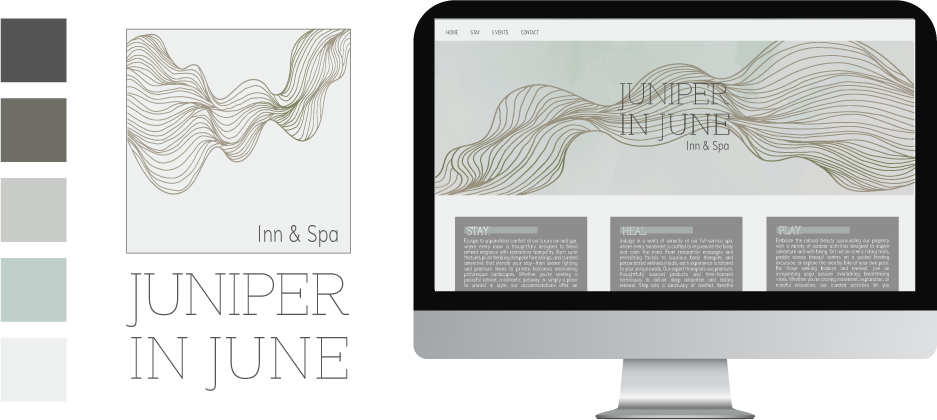 Design concepts for Juniper Inn & Spa, featuring abstract wavy line artwork and webpage layout.