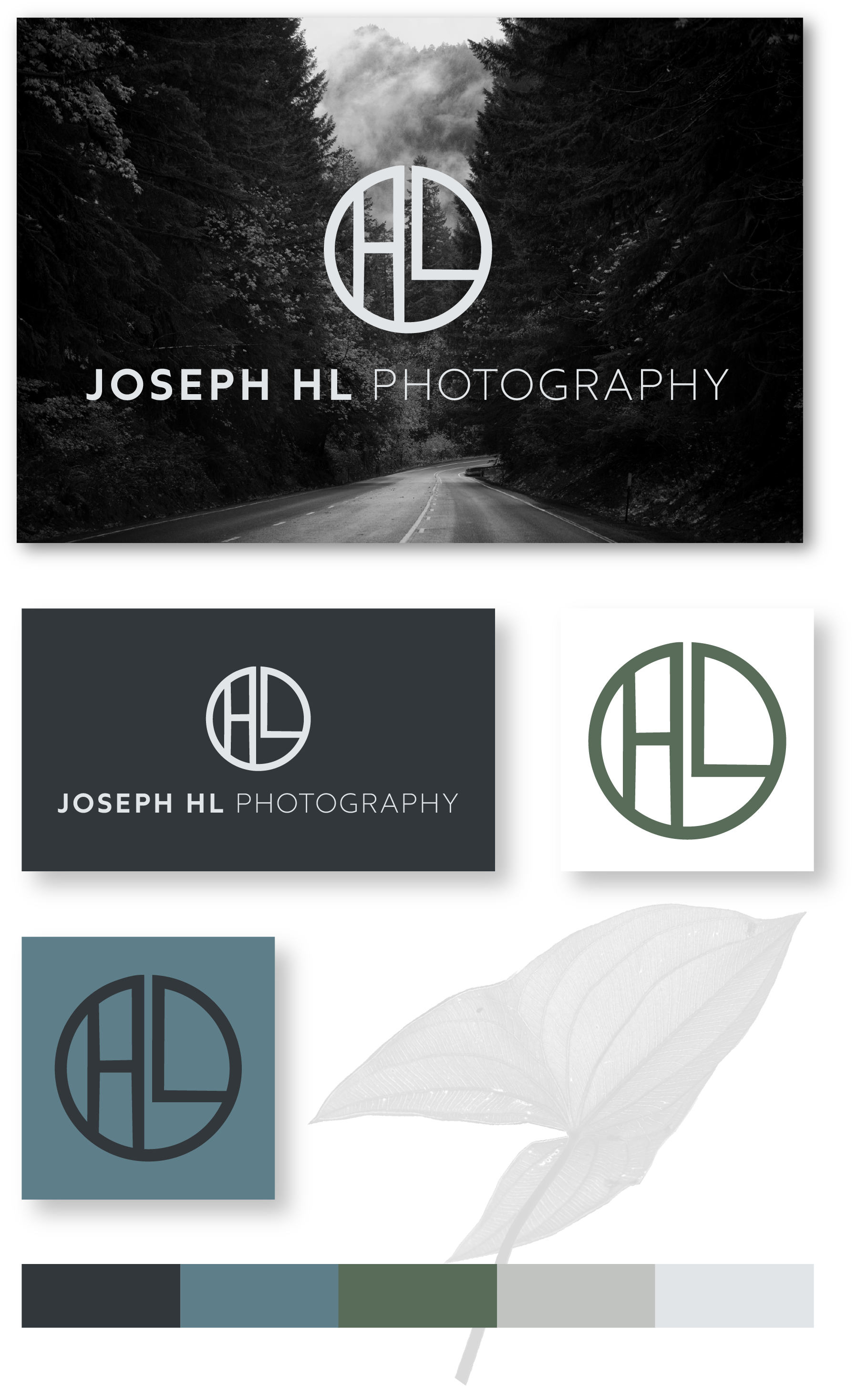 Brand logo and branding material for Joseph HL Photography. The main logo is a circular emblem with the initials 'HL' inside, featured on a mountain road and forest background, with black and white color scheme. Additional logo variations include color versions and a black background with white text.
