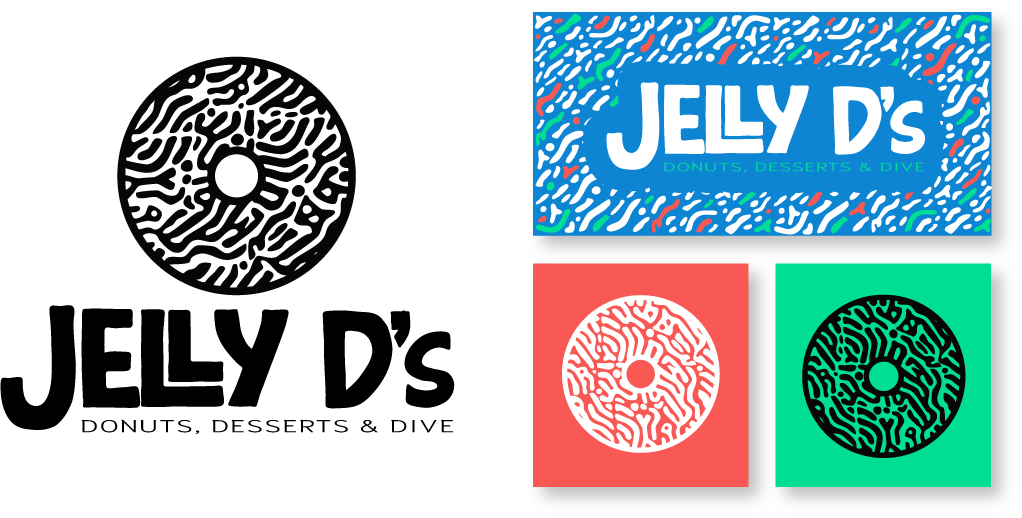 Jelly D's logo with a stylized donut, colorful background, and branding for donuts, desserts, and diving.
