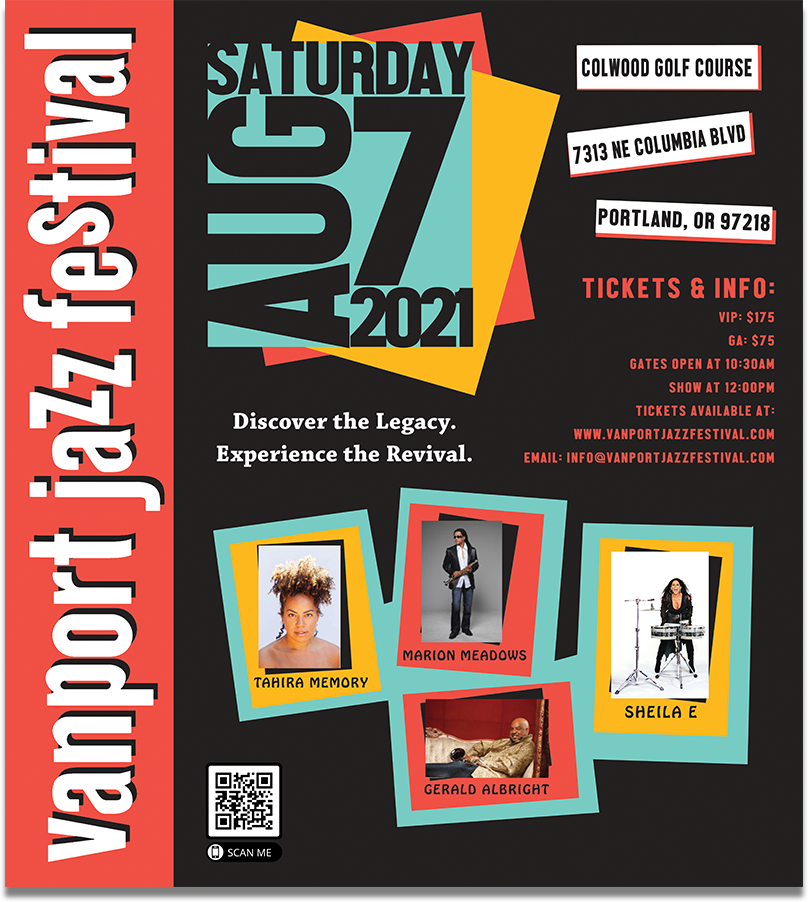 Jazz festival poster for July 31, 2021, at Colwood Golf Course in Portland, Oregon. Features images of performers Tahira Memory, Marion Meadows, Sheila E, and Gerald Albright, with event details and a QR code.
