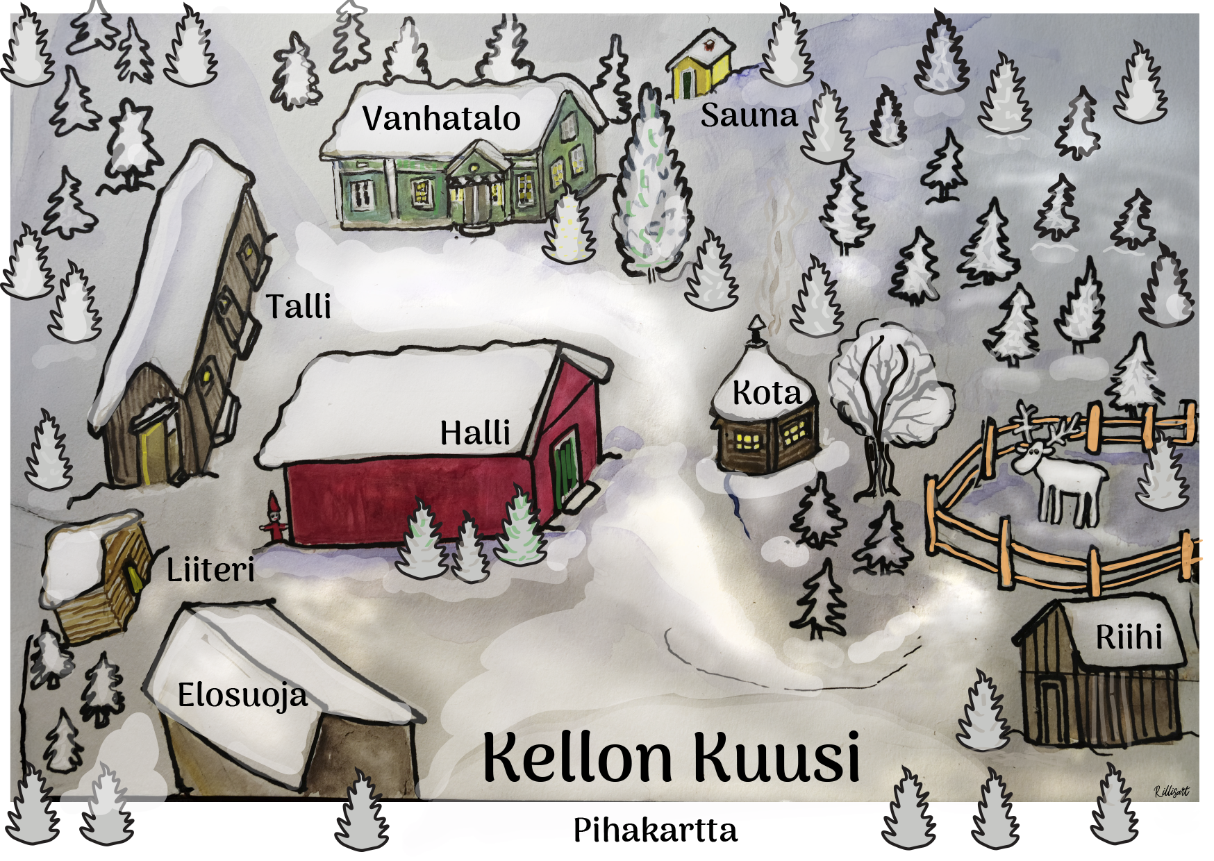 Kuvassa on piirros Keljon Kuusi -alueesta taloineen, kuten vanhatalo, talli, silo, päärakennus, sauna, kylätalo, liiteri, elopain ja riihi. Alue on talvisessa maastossa lumisten puiden keskellä.