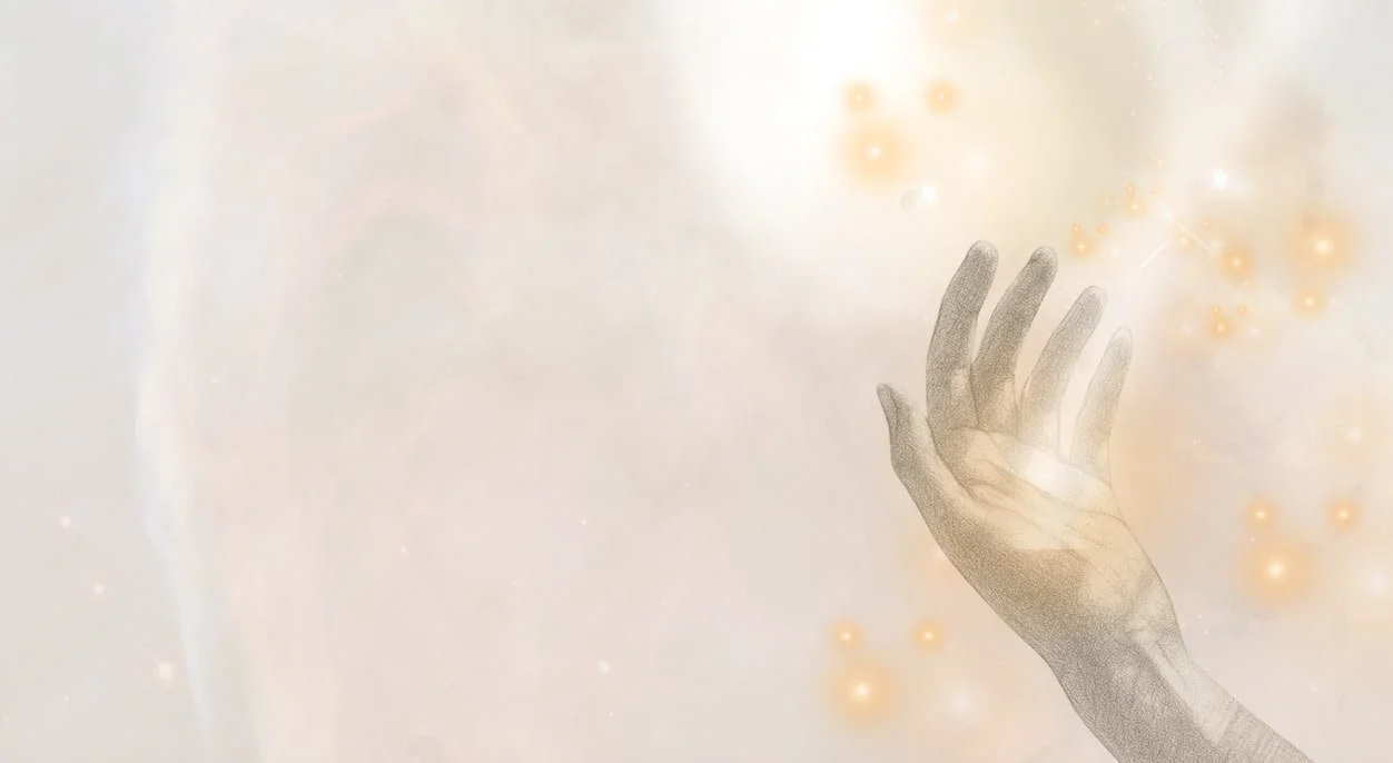 A sketch of a hand reaching upward, surrounded by glowing orbs and soft light effects.