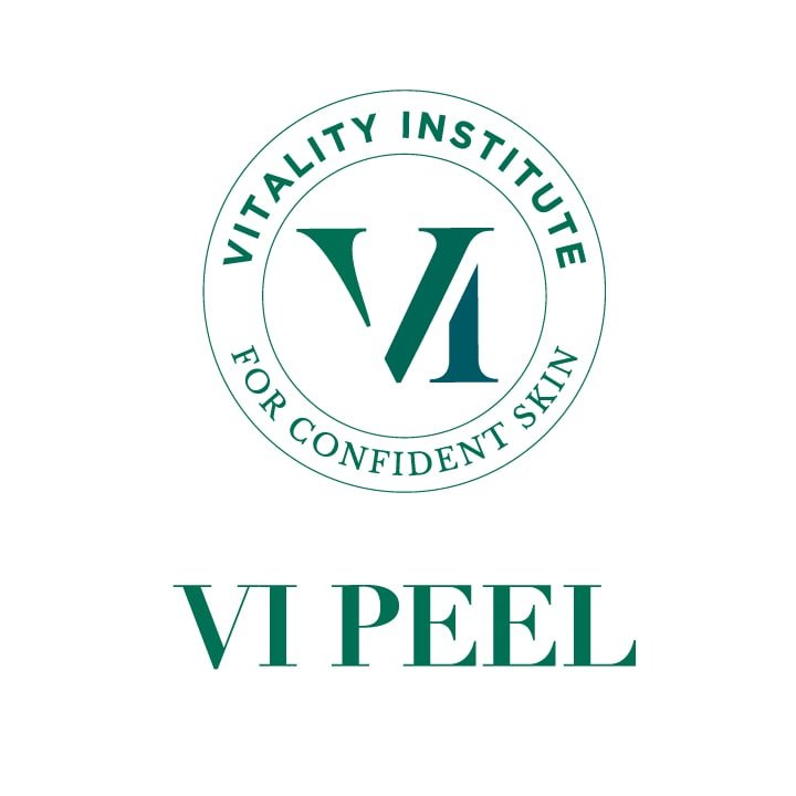 Logo for Vitality Institute for Confident Skin featuring a circular emblem with a large stylized 'V' and 'I' in the center, and the tagline 'For Confident Skin'. Below, the text 'VI Peeling' is displayed in large font.