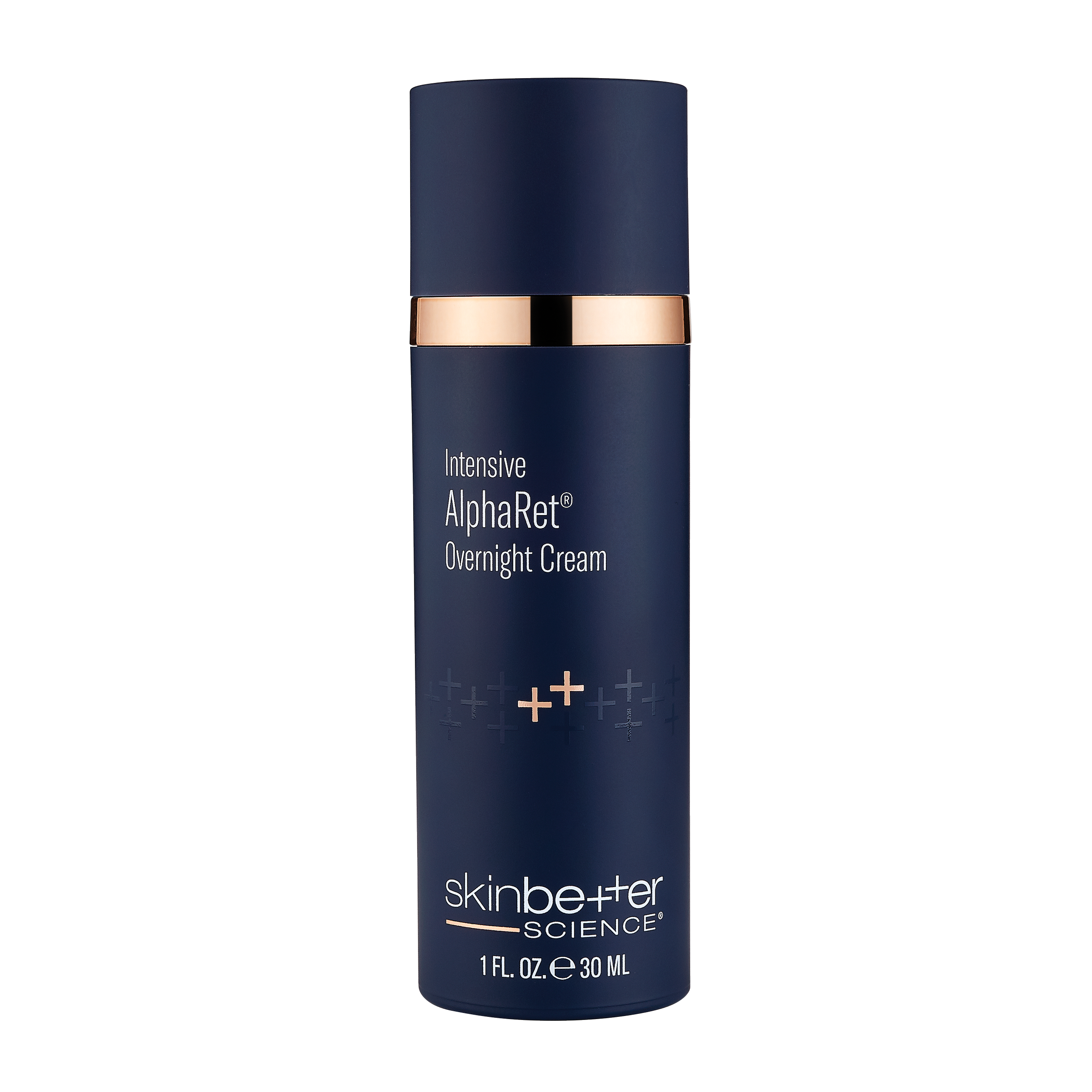 Bottle of SkinBetter Science Intensive AlphaRet Overnight Cream with navy blue packaging and a rose gold band.