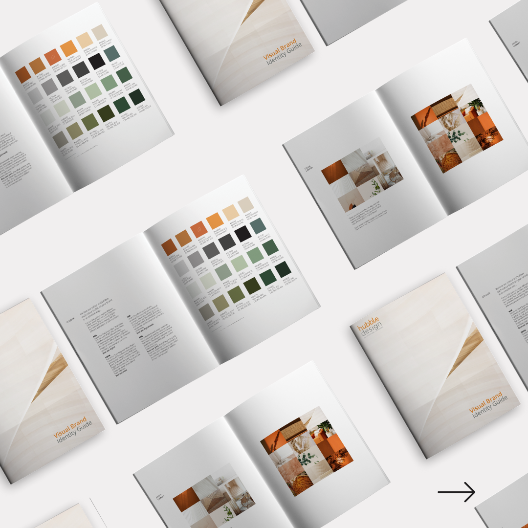 Open magazine spreads showing color palettes, design images, and branding guides with a minimal aesthetic.