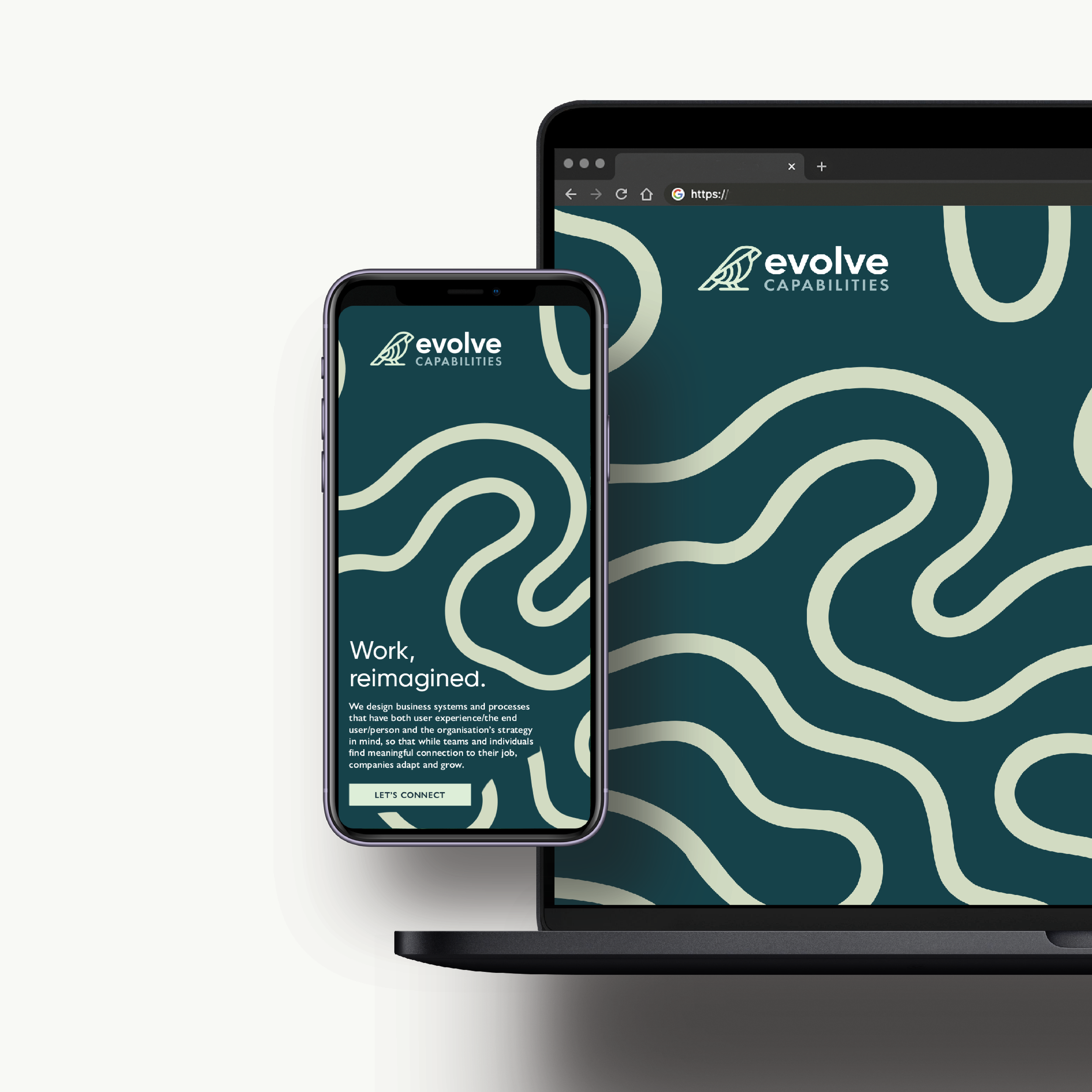 Mobile phone and laptop displaying a website for Evolve Capabilities with a dark green background and abstract light green lines, including the company logo and slogan 'Work, reimagined.'