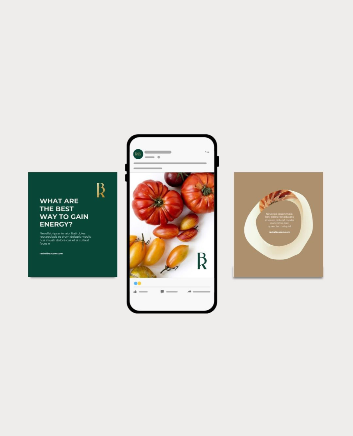 An iPhone displaying a social media post with tomatoes, two informational posters on either side, one green and one brown, featuring text and graphics.