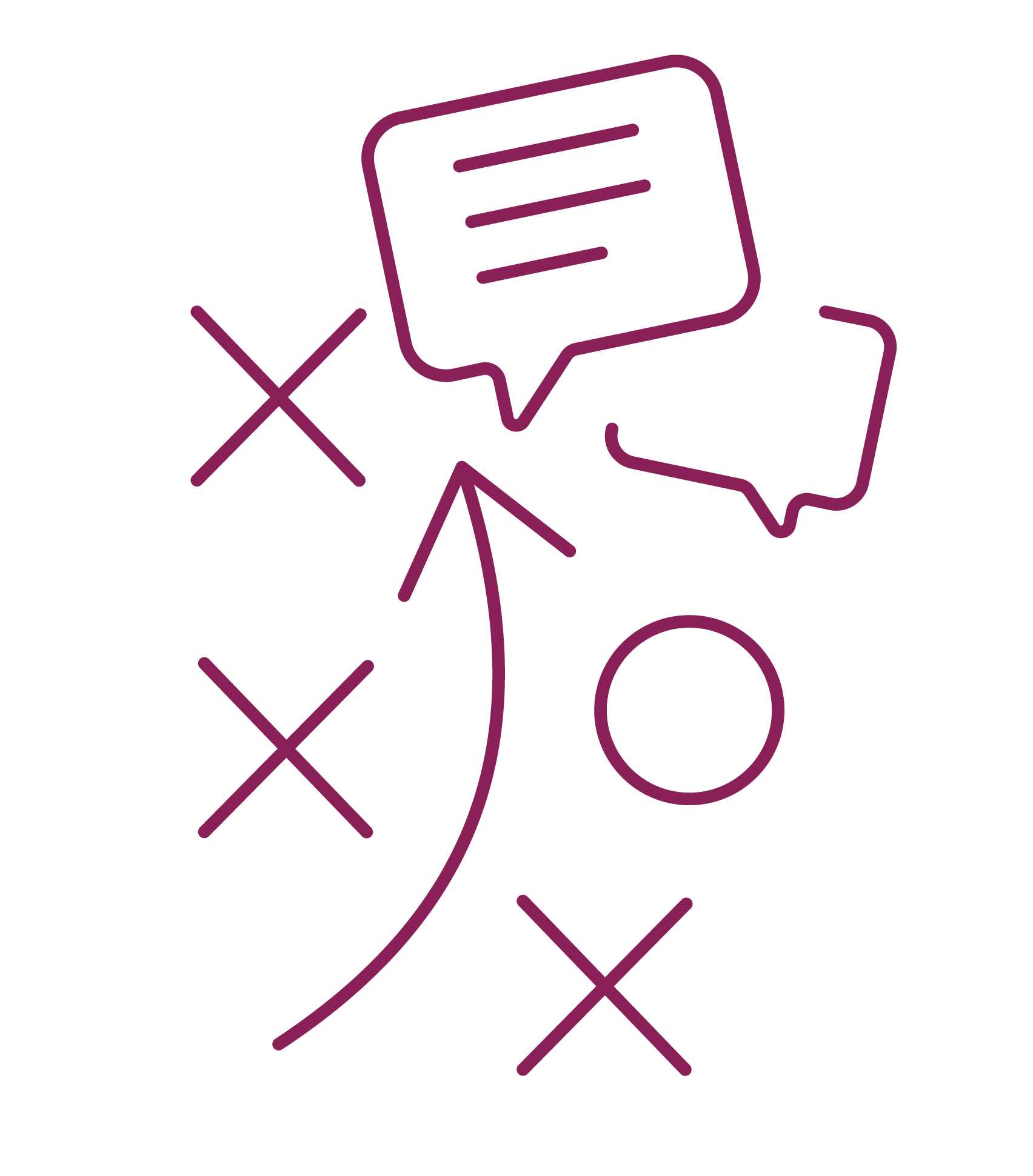 Minimalist line drawing of a person giving a presentation or speech, with speech bubbles and check marks around them, all in purple outline style.