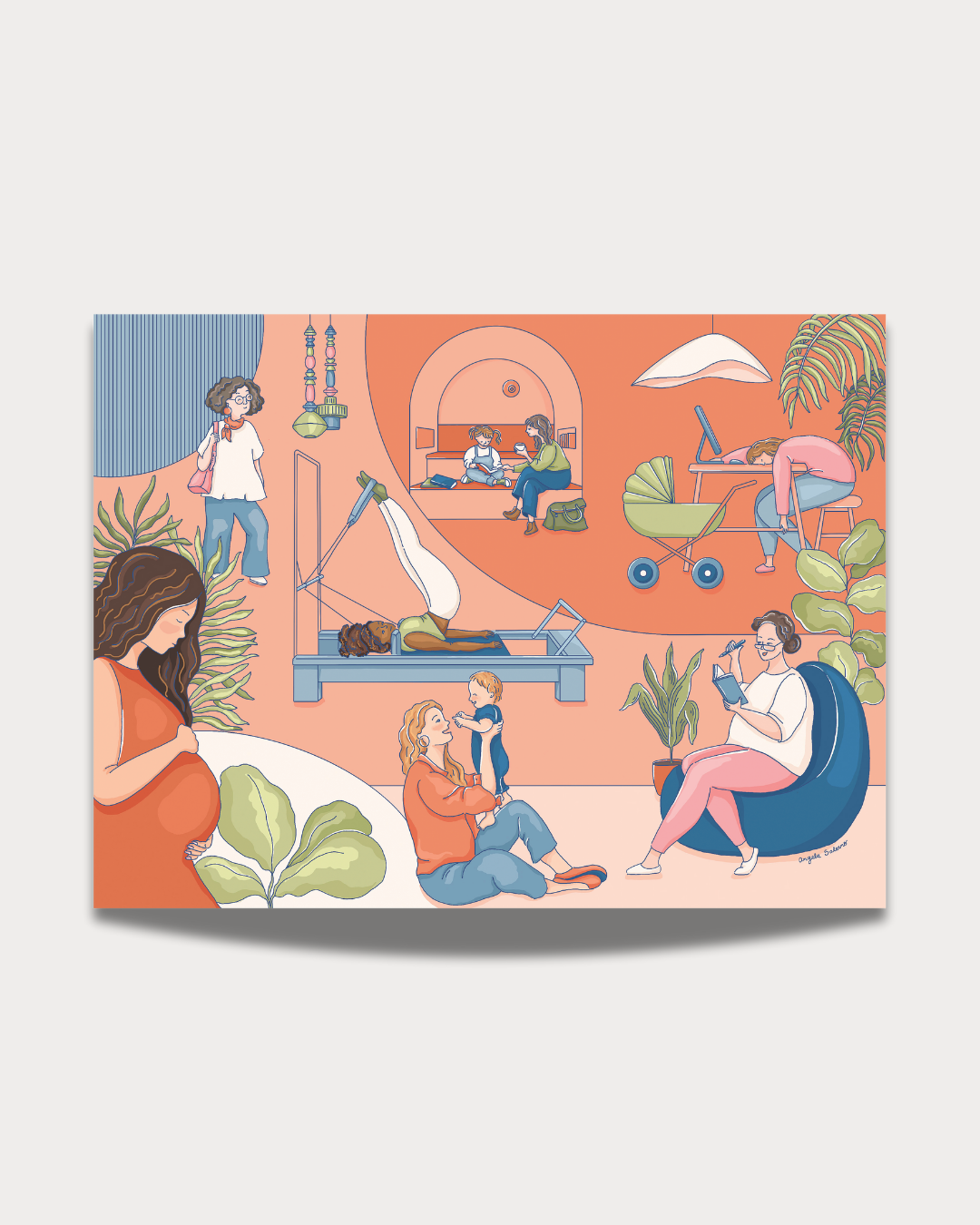 Illustration of women and children in various activities in a colorful indoor space with plants, furniture, and different zones for relaxation, reading, and playing.