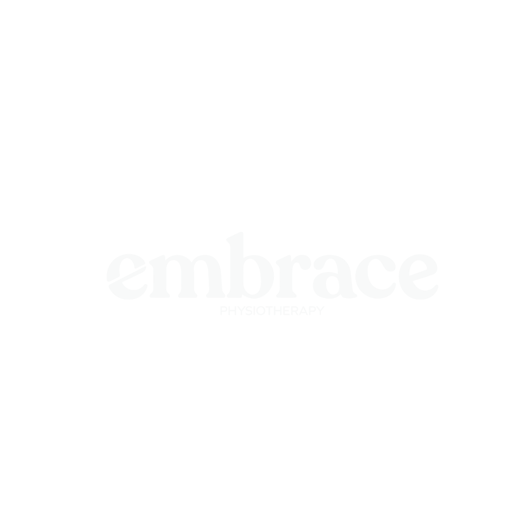 Black and white logo for Embrace Physiotherapy with a stylized human figure holding a heart symbol.