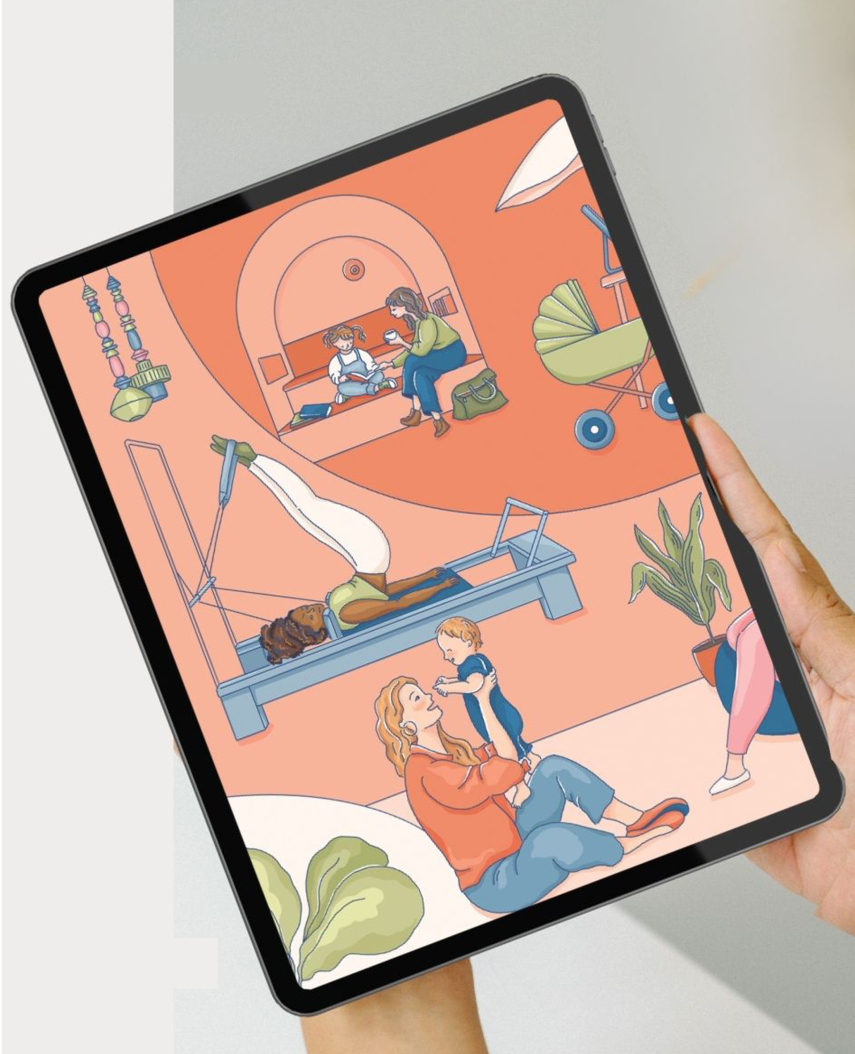 Illustration of a woman with a child sitting on a bench in a cozy room, a woman and a child with a dog on a therapy table, and a woman reading a book to a child on the floor.