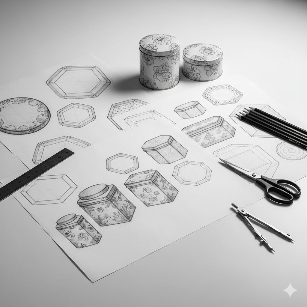 Design sketches and pattern drawings for tin containers with floral patterns, alongside drawing tools and sample tins on a white surface.