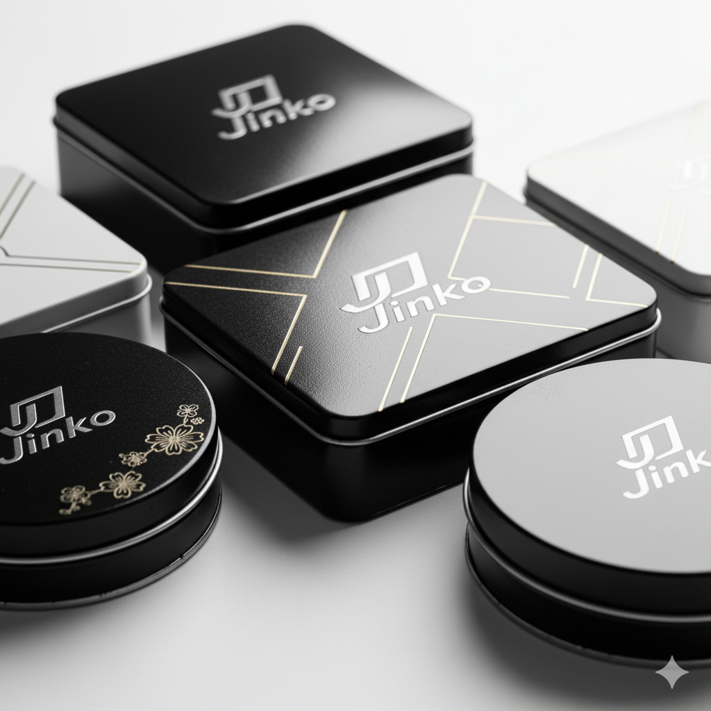 Collection of black and white Jinko cosmetic containers with gold accents, arranged on a white surface.