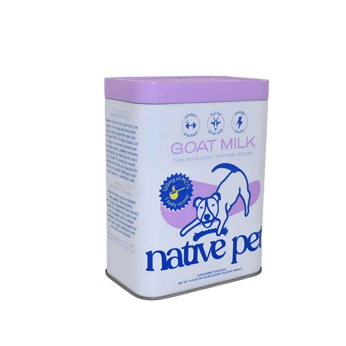 A container of goat milk supplement for dogs with a purple lid and white body, featuring a blue logo with a playful dog illustration and branding 'native pet.'