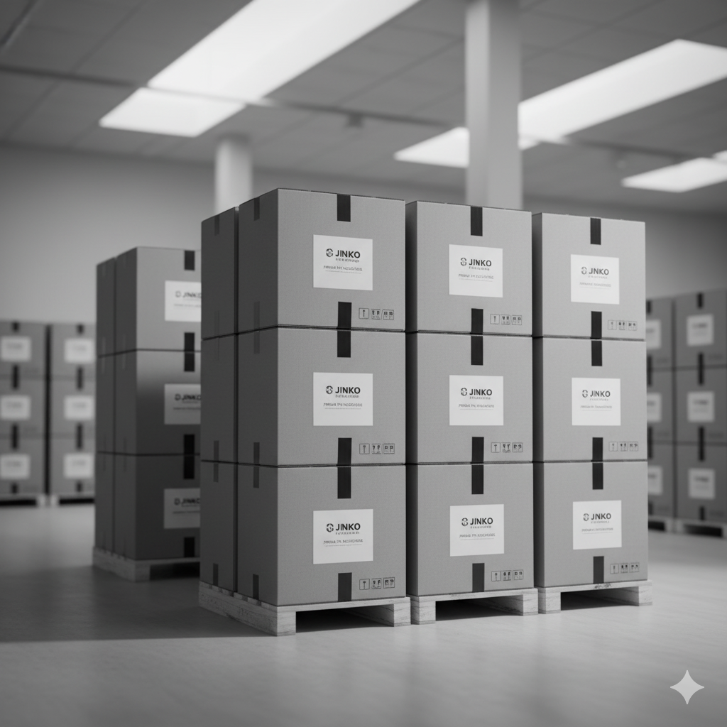 Stacked cardboard boxes on pallets in a warehouse with overhead fluorescent lighting