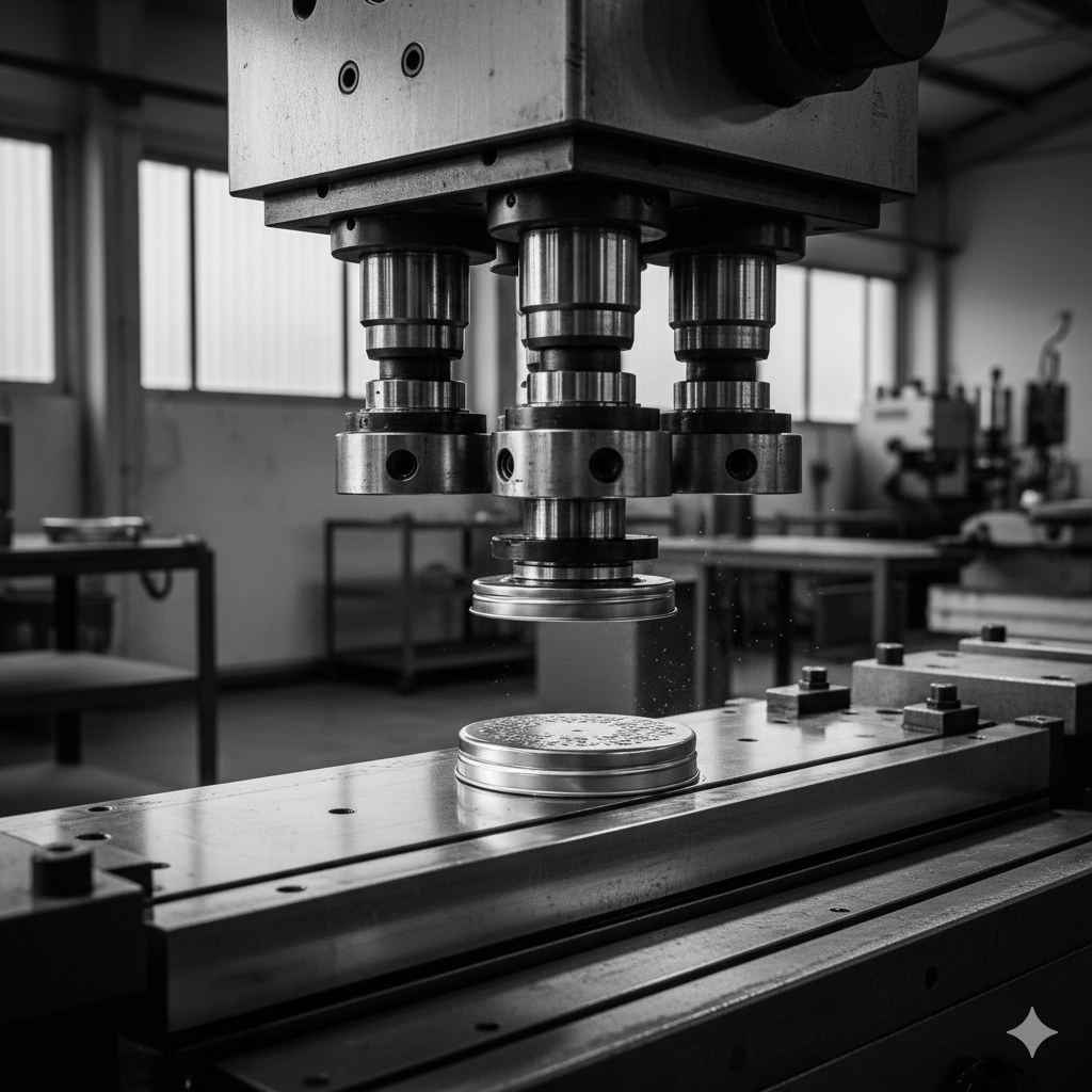 A black and white photo of a CNC machine or mill in a manufacturing workshop, with metal parts being machined on its bed.