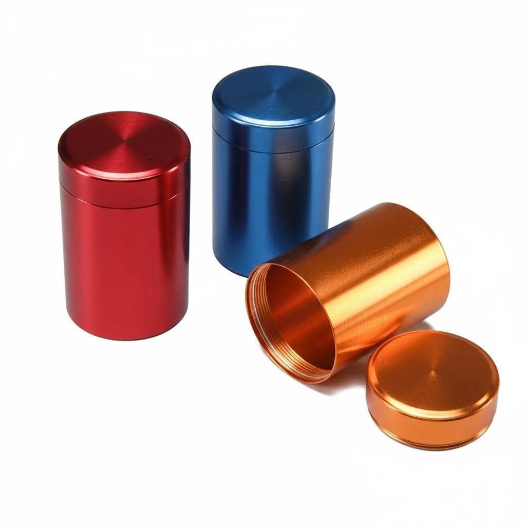 Three colorful metal tin containers, two with lids on and one open, on a white background.