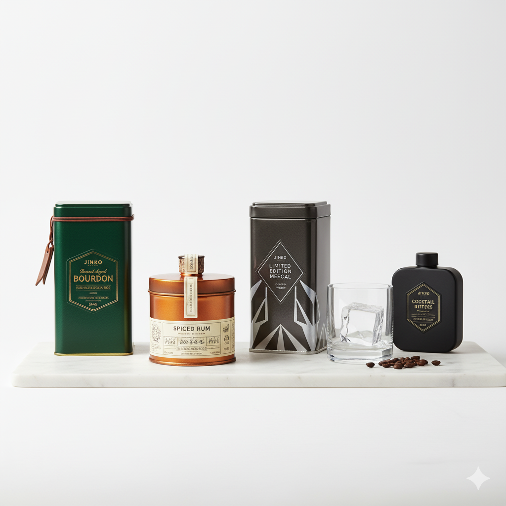 A white marble surface with various coffee and liquor-related items, including tins of bourbon and spiced rum, a black bottle labeled 'Cocktail Dittes,' a glass with ice, and coffee beans.