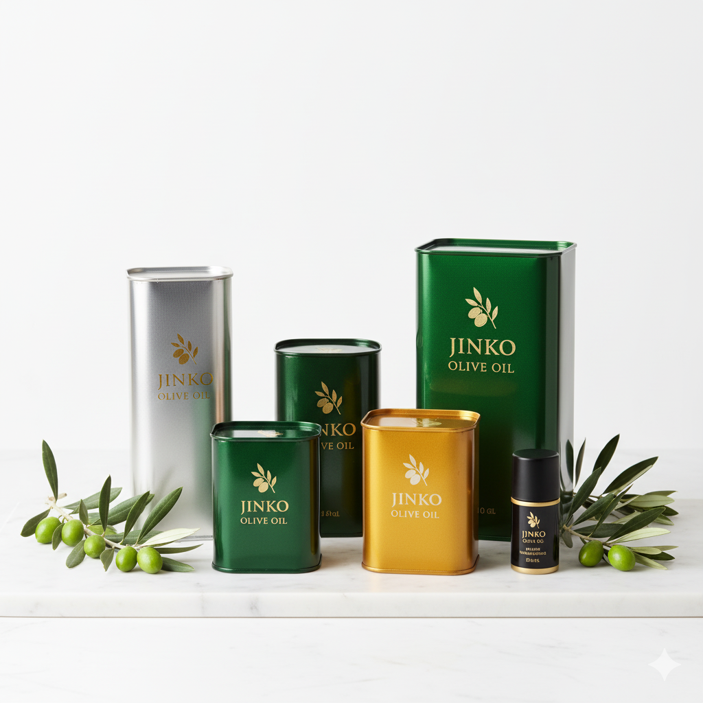 Collection of Jinko Olive Oil cans and a small container with olive branches and olives.