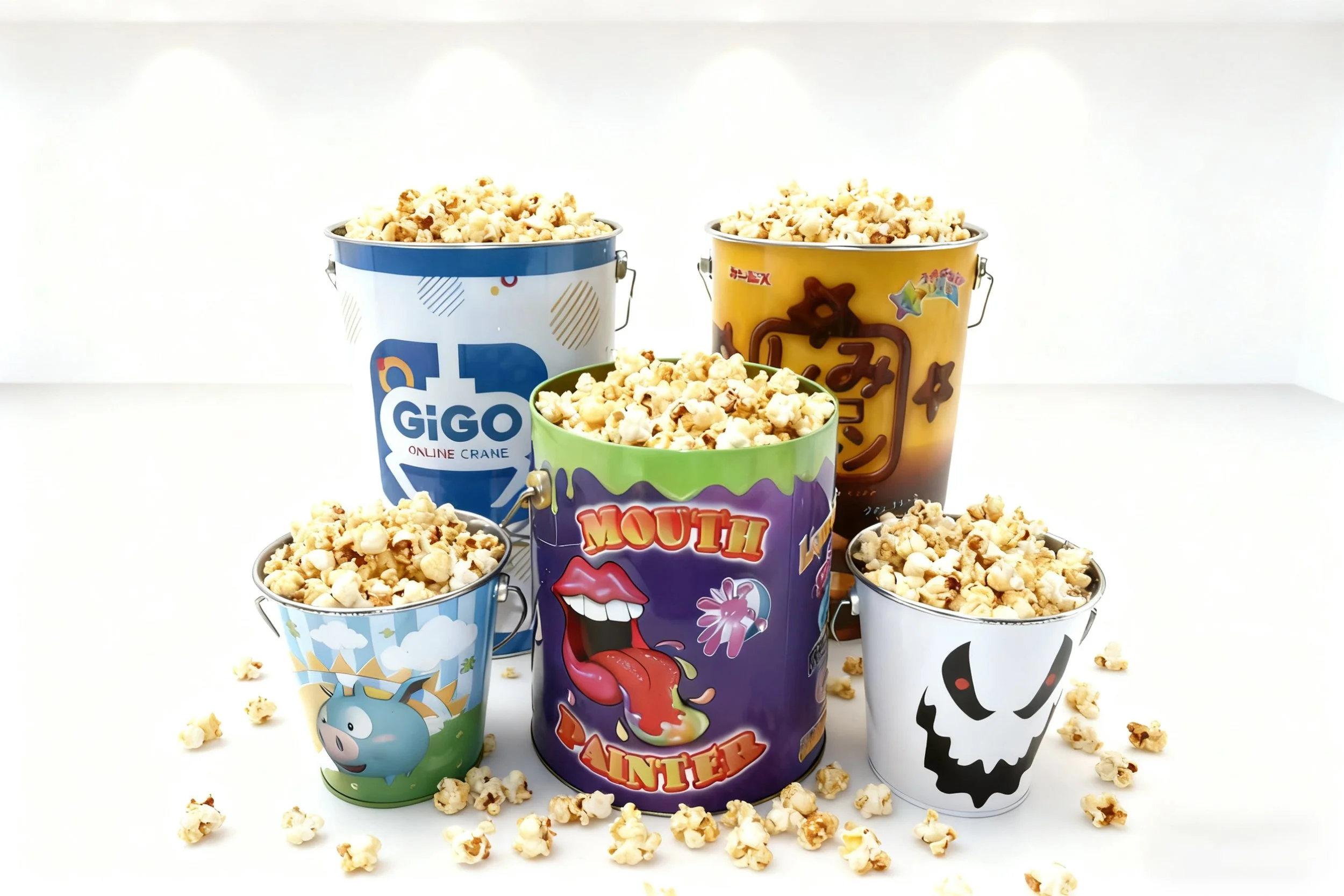 Five colorful buckets filled with popcorn, with some popcorn spilled around them on a white surface. The buckets have various cartoon and graphic designs.