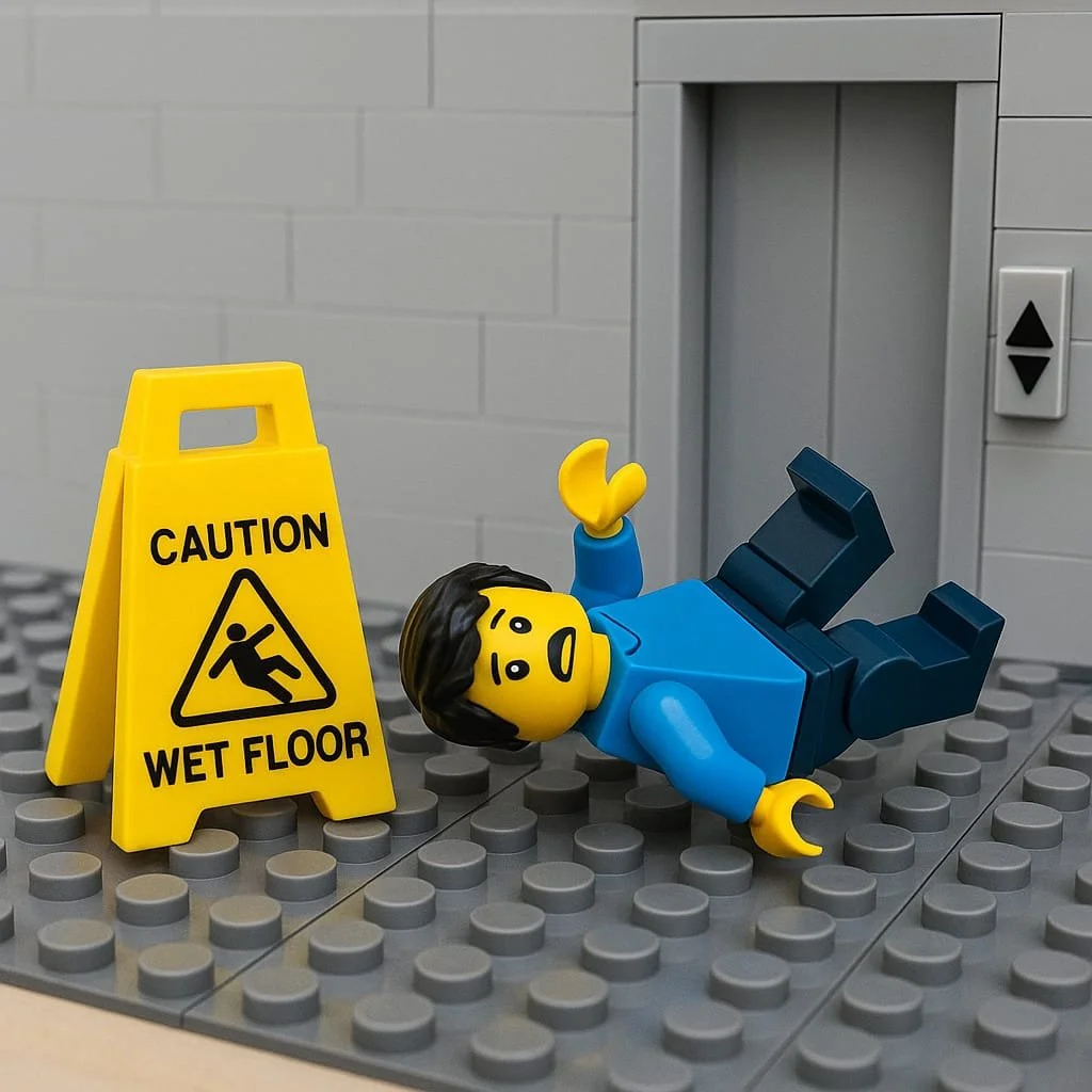 A conceptual illustration representing a slip and fall accident near an elevator—used to show the importance of evidence in a California premises liability case.