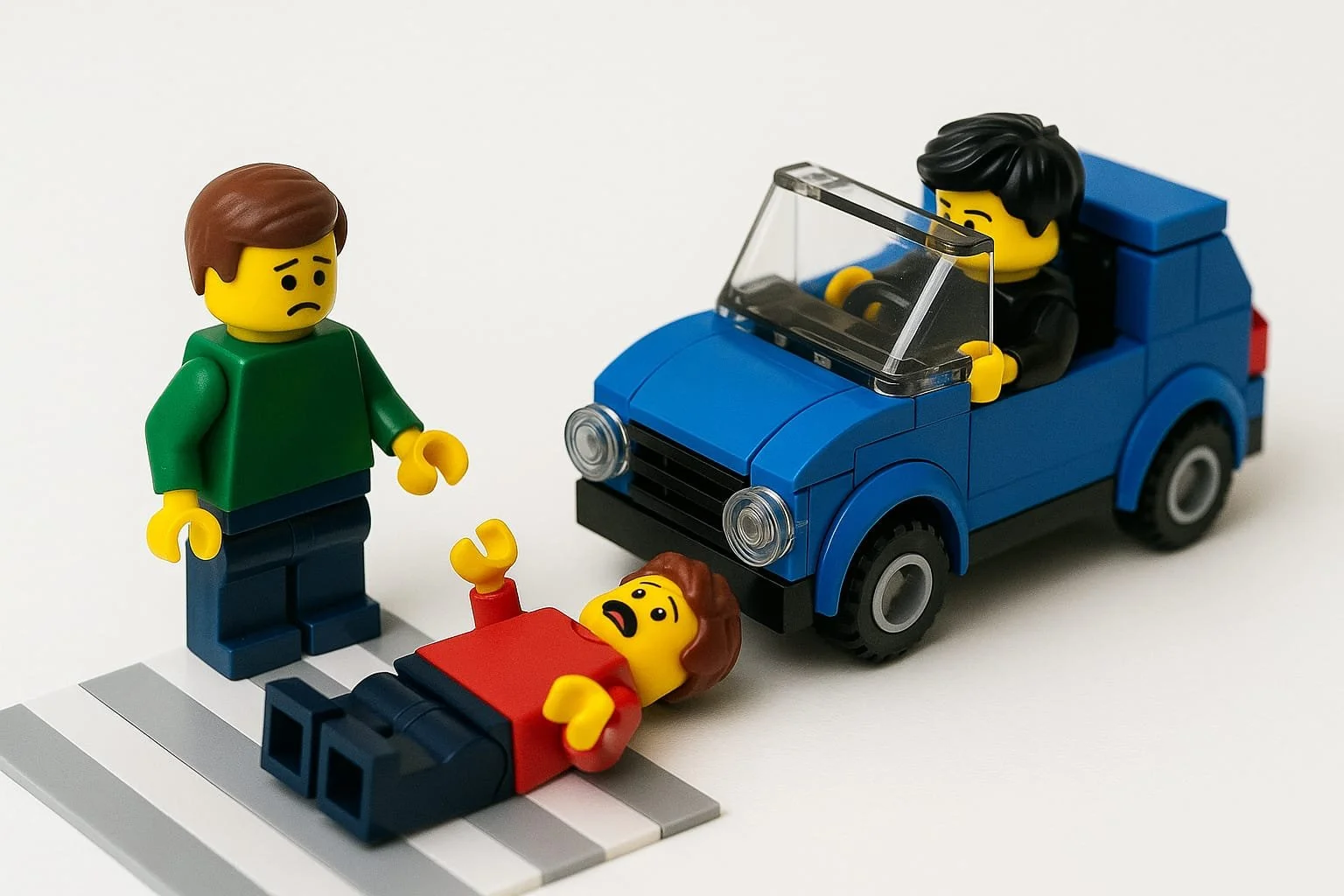 A miniature model depicting a pedestrian accident scene to illustrate legal rights and liability for injured walkers in California.